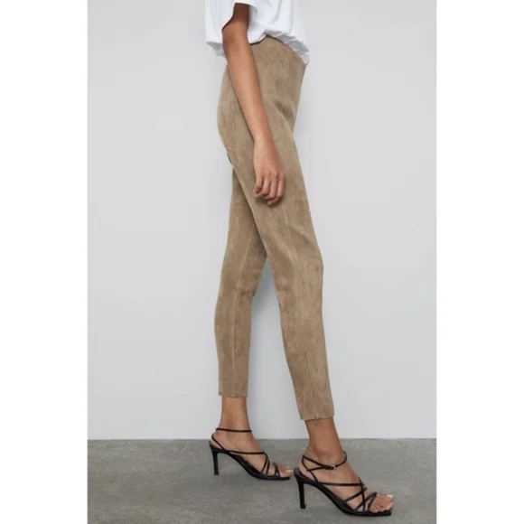 Zara Faux Suede Elastic Waist Zipper Slit Hem Camel Brown Tan Leggings Pants - Picture 2 of 14